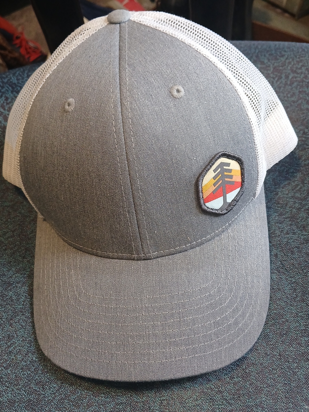 DavProCo Grey and White Mesh Trucker Cap with Retro Stripe Patch